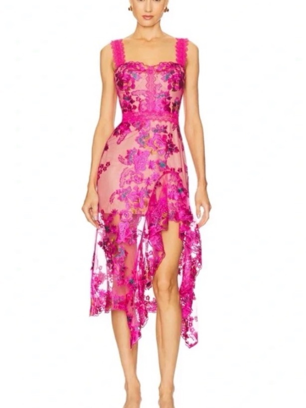 Bronx and Banco Hot Pink Floral Lace Midi Dress
